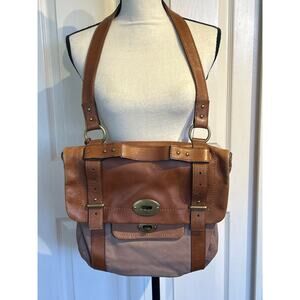 Vintage Fossil Two Tone Brown Leather Messenger Saddle Bag
